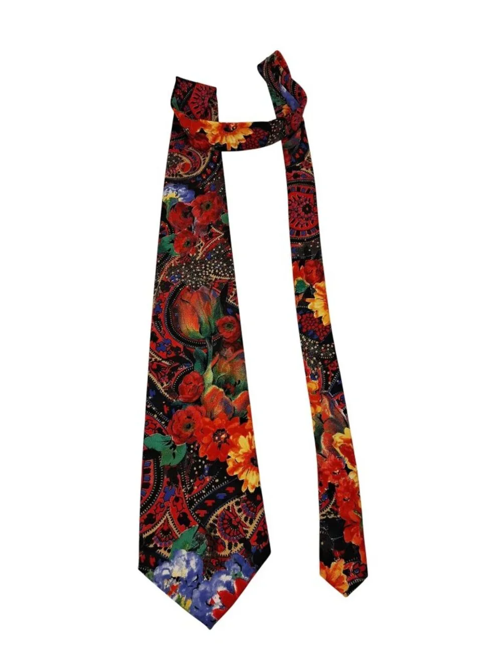 Floral Paisley Pattern Tie By Adams Row 100% Microfiber Vibrant Red & Multicolor - Picture 6 of 6